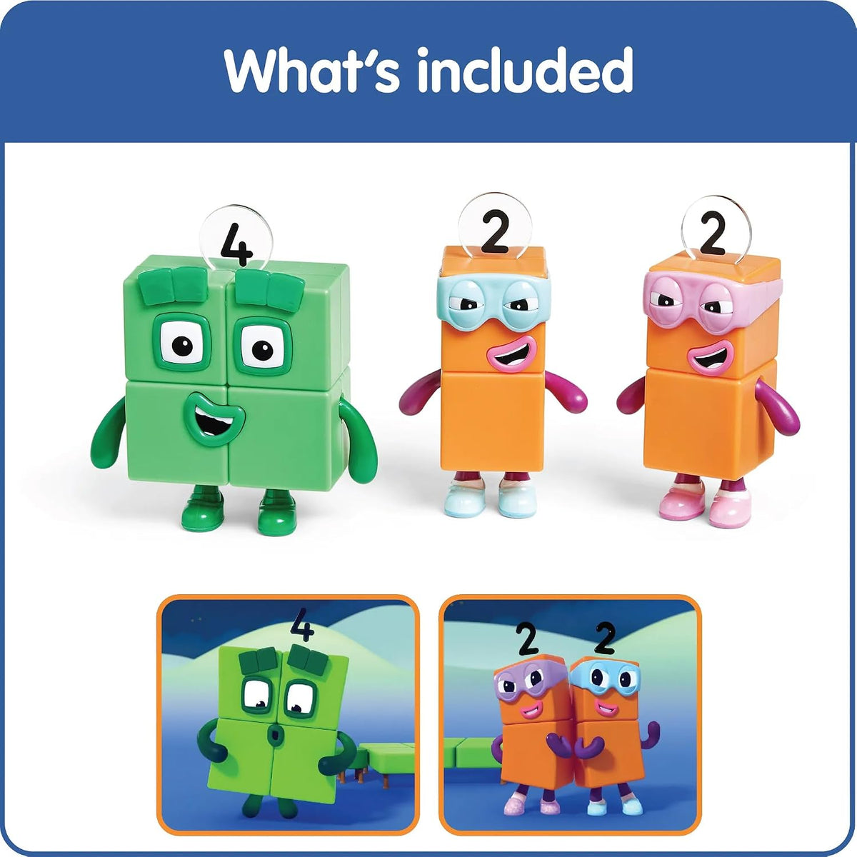 Figure pack showing one green figure and two numbered orange and pink figures