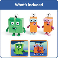 Figure pack showing one green figure and two numbered orange and pink figures