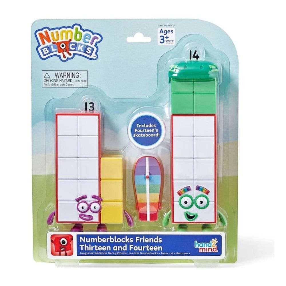 Blister packaging for Numberblocks Friends figures 13 and 14, includes skateboard