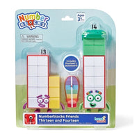 Blister packaging for Numberblocks Friends figures 13 and 14, includes skateboard