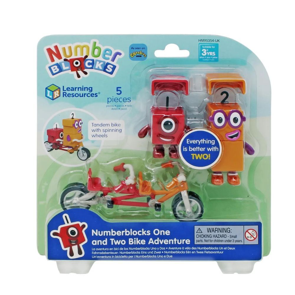 Retail box showing two Numberblocks figures, tandem bicycle, and included pieces