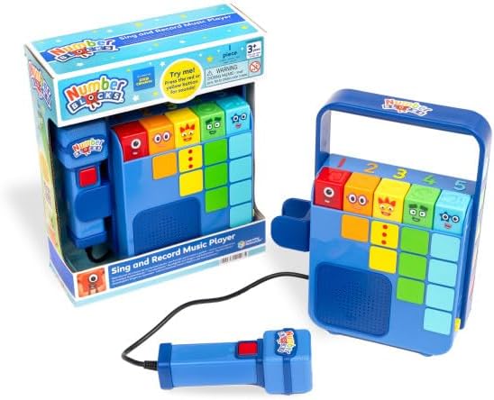 Blue music player with numbered color buttons and matching retail box