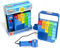 Blue music player with numbered color buttons and matching retail box