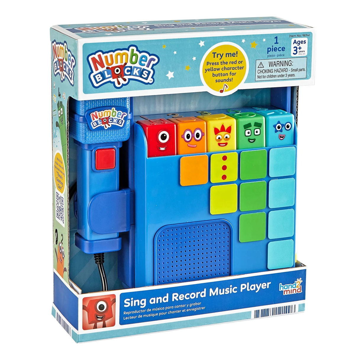 Numberblocks® sing and record music player retail box with blue device pictured
