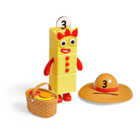 Number block toy figure 3 with party hat, woven basket, and orange plate