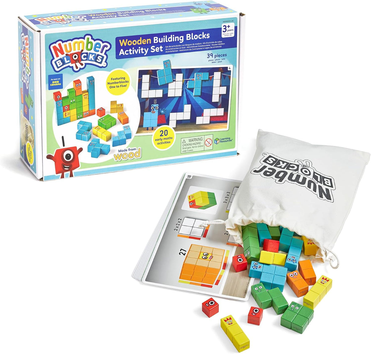 Numberblocks wooden building blocks activity set box and drawstring storage bag