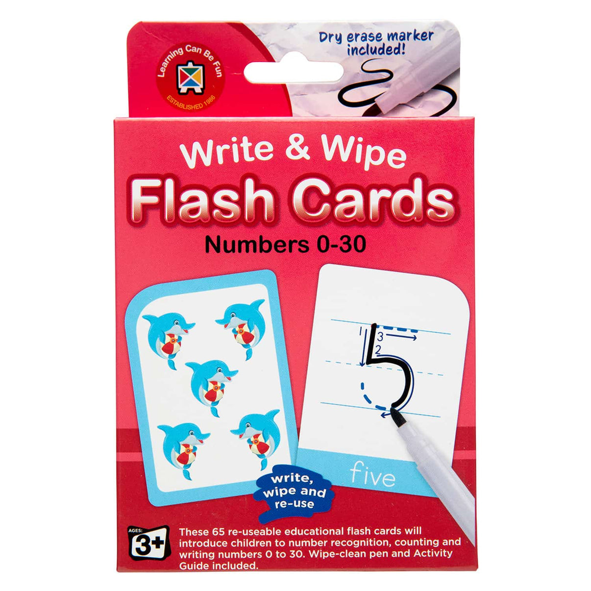 Write & wipe flash cards pack labeled Numbers 0–30, with marker included