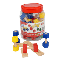 Nuts and bolts set in clear jar with red lid, multicolor fasteners and wooden plates