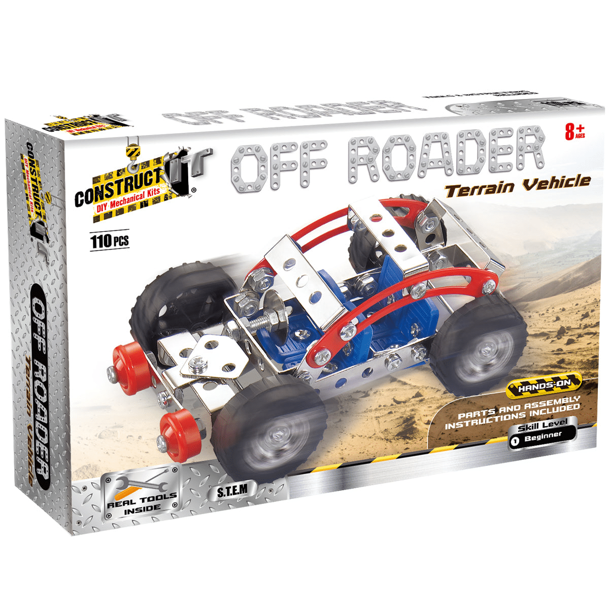 Off-road vehicle construction kit with red and blue metal parts, black tires