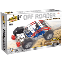 Off-road vehicle construction kit with red and blue metal parts, black tires