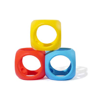 Silicone stacking rings set, three square rings in yellow, red, and blue