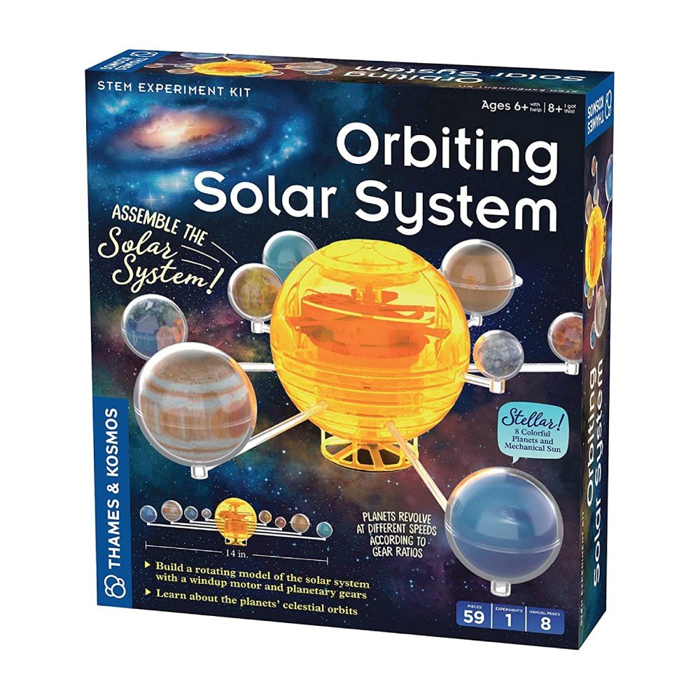 Orbiting solar system model kit box with yellow globe, planet spheres, and gear base