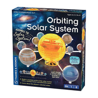 Orbiting solar system model kit box with yellow globe, planet spheres, and gear base