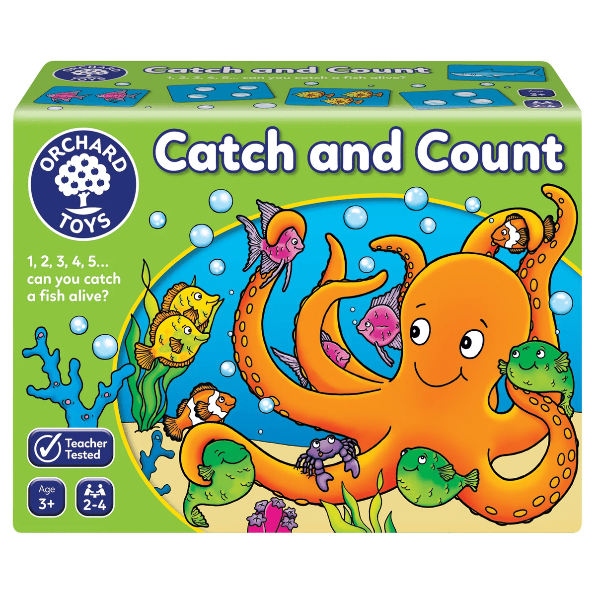 Orchard Game Catch and Count kids game box with octopus fishing and counting bubbles