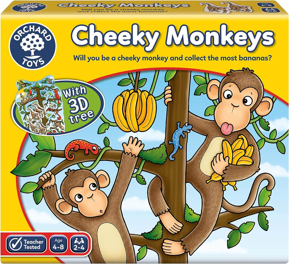 Cheeky Monkeys board game box with monkey characters and banana tree art