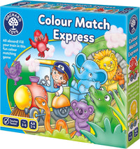 Colour matching board game box with animal characters and train parts