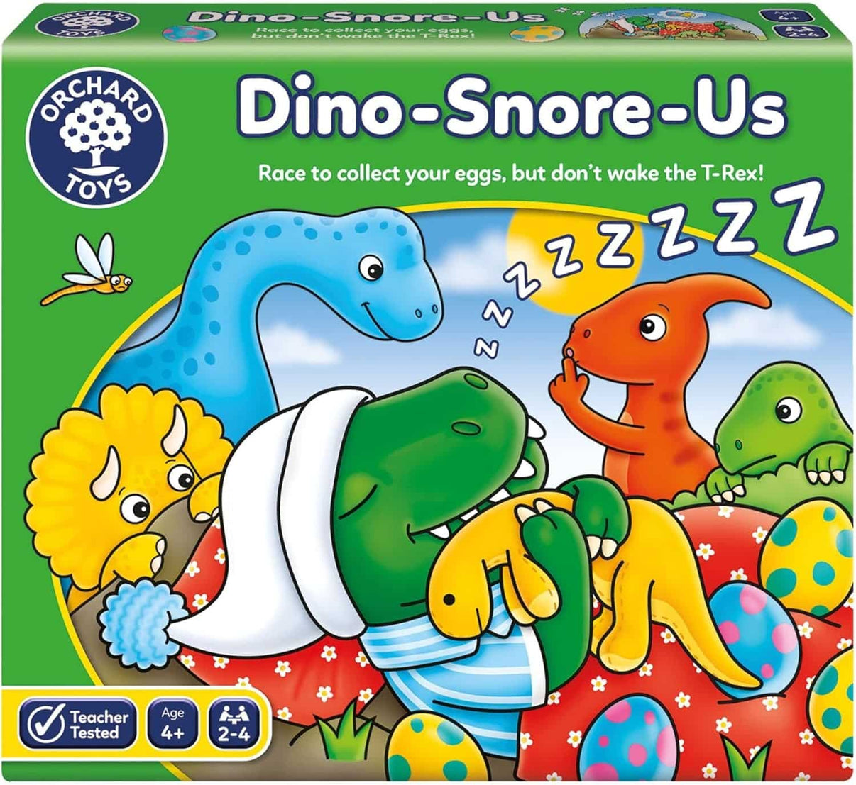 Dino-Snore-Us dinosaur board game box with colorful characters and egg graphics