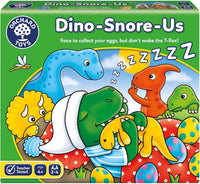 Dino-Snore-Us dinosaur board game box with colorful characters and egg graphics