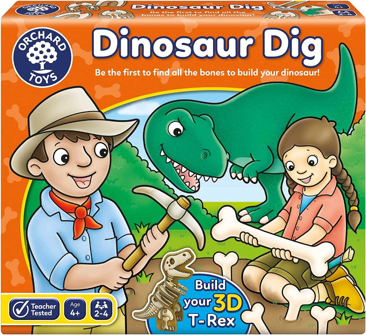 Dinosaur dig board game box with dinosaur skeleton and dig accessories shown