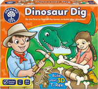 Dinosaur dig board game box with dinosaur skeleton and dig accessories shown