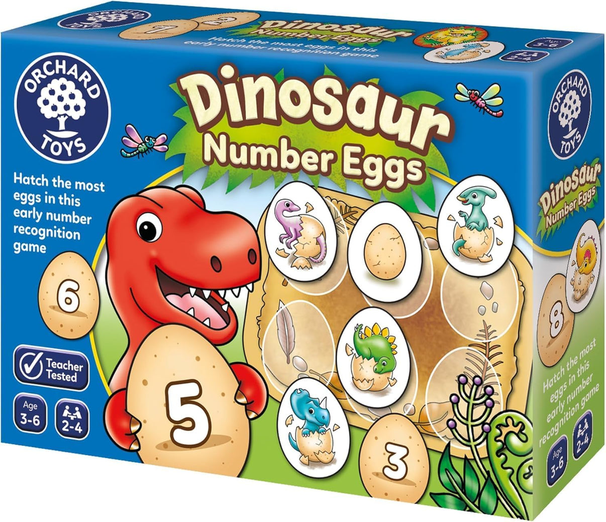 Orchard Dinosaur Number Eggs game box with red dinosaur and numbered eggs