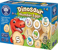 Orchard Dinosaur Number Eggs game box with red dinosaur and numbered eggs