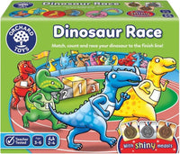 Dinosaur race board game box with large dinosaur race track illustration and medals