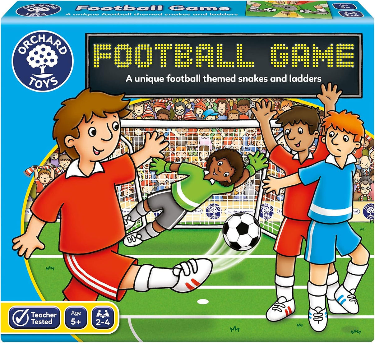 Football game board in retail box with soccer-themed cover art and smiling children