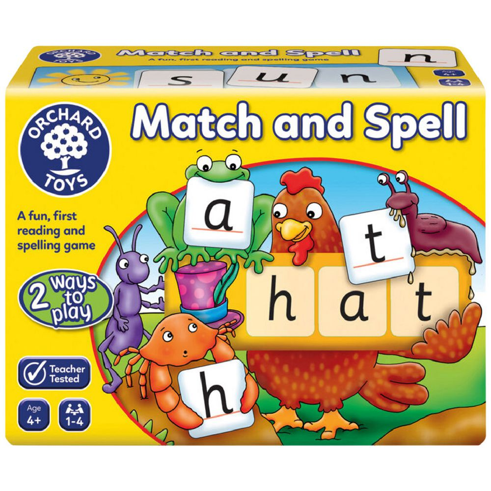 Kids spelling board game box with letter tiles and cartoon animals, 2 ways to play
