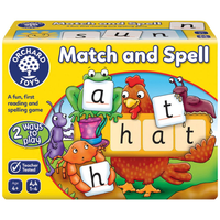 Kids spelling board game box with letter tiles and cartoon animals, 2 ways to play