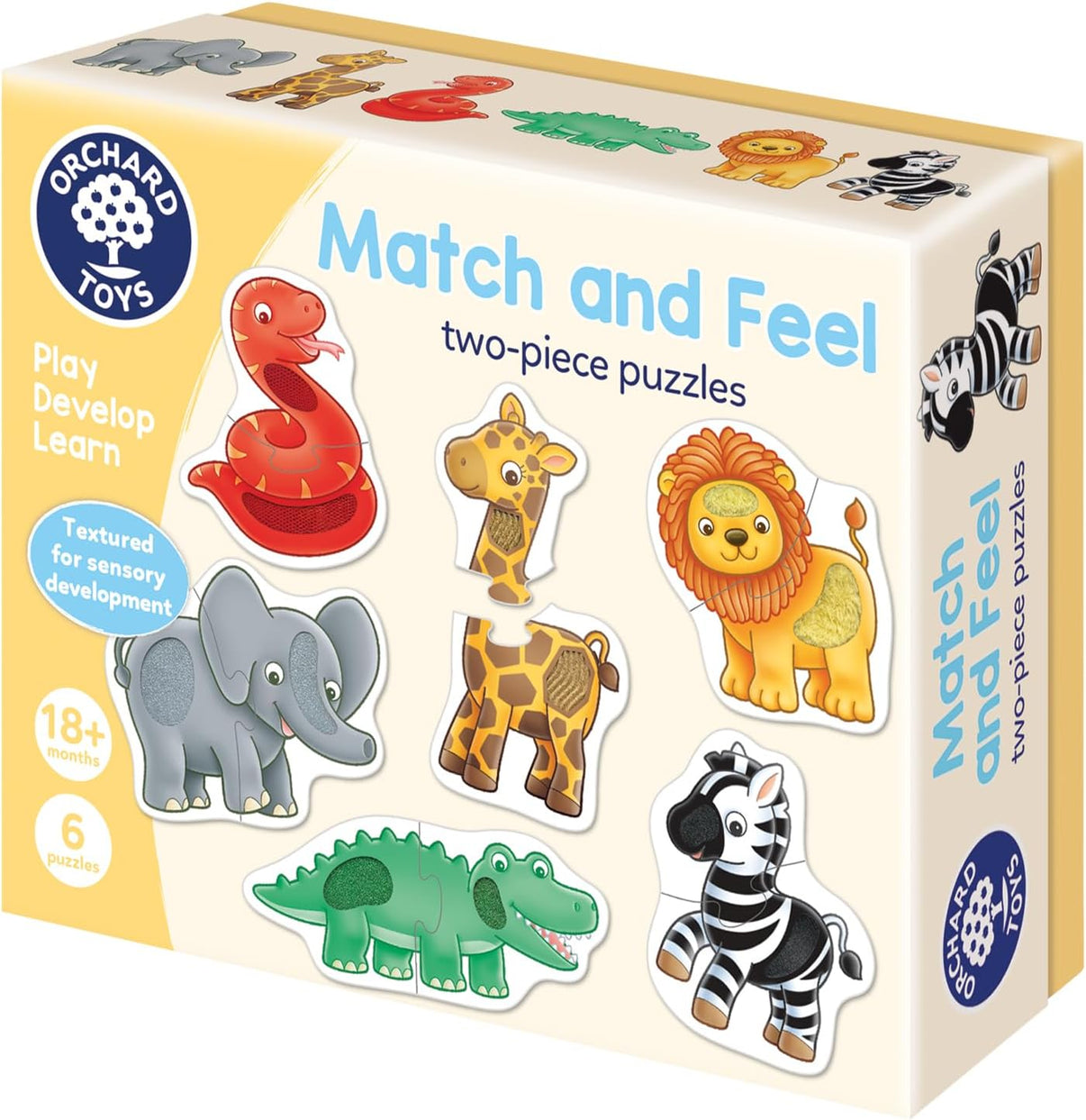 Match and Feel two-piece puzzle box with jungle animal cutouts and Orchard Toys logo