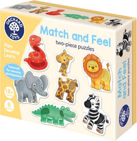 Match and Feel two-piece puzzle box with jungle animal cutouts and Orchard Toys logo