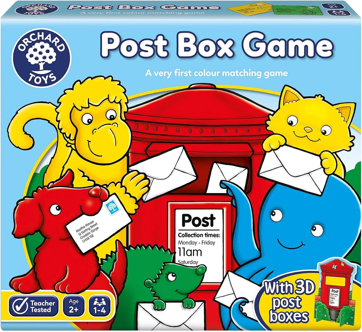 Board game set with four post boxes, envelopes, and character cards