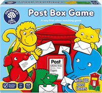 Board game set with four post boxes, envelopes, and character cards