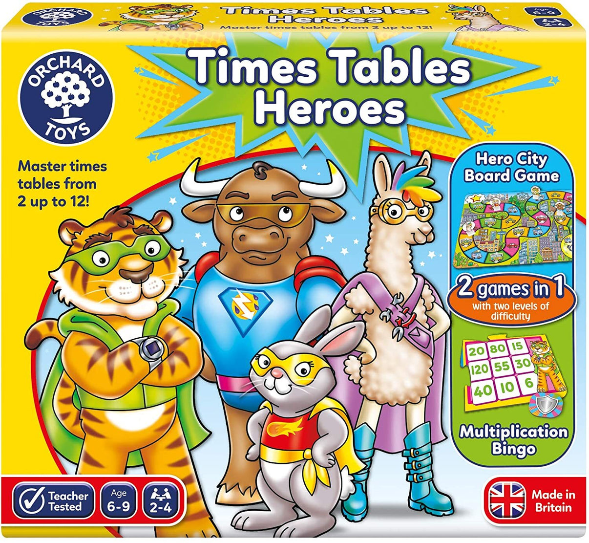 Times Tables Heroes board game box front with animal hero characters