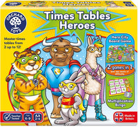 Times Tables Heroes board game box front with animal hero characters