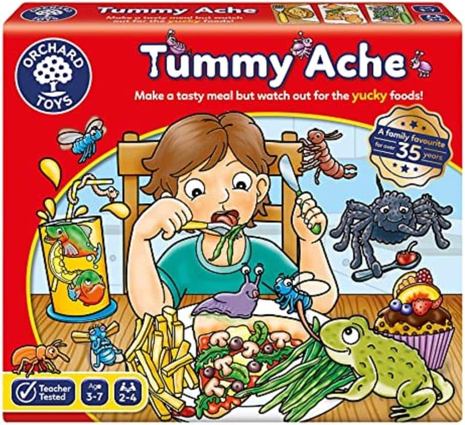 Children's board game box with Tummy Ache artwork and cartoon food characters