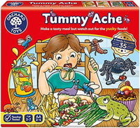 Children's board game box with Tummy Ache artwork and cartoon food characters