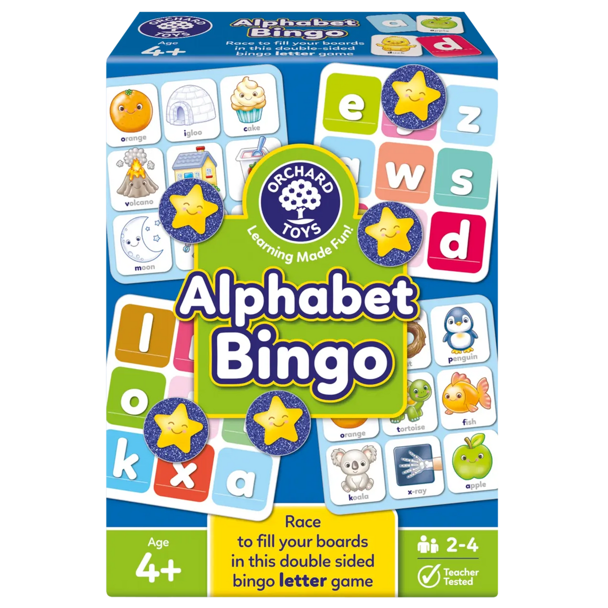 Alphabet Bingo board game box with colorful letters, stars, and animal icons, age 4+