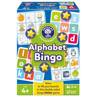 Alphabet Bingo board game box with colorful letters, stars, and animal icons, age 4+