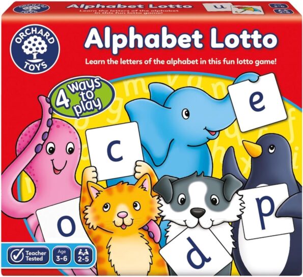 Alphabet lotto board game box with animal cards and letter tiles