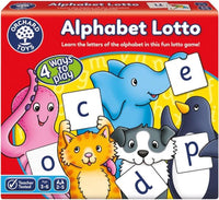 Alphabet lotto board game box with animal cards and letter tiles
