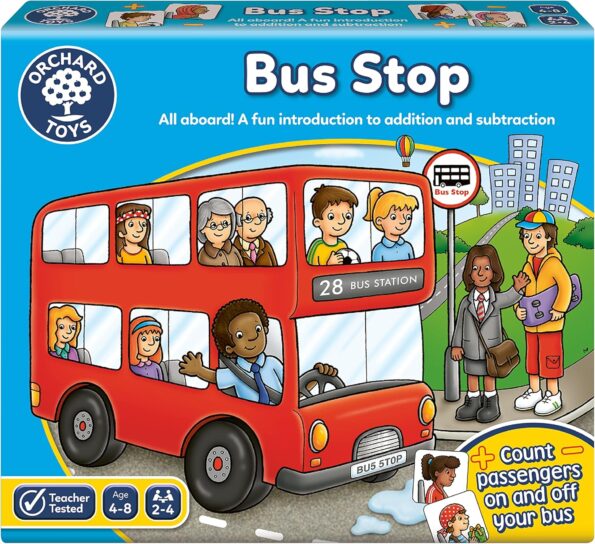 Math board game box with red bus, bus-station scene, and learning icons
