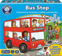 Math board game box with red bus, bus-station scene, and learning icons