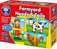 Farmyard Heads & Tails matching game box with farm animal head and tail cards