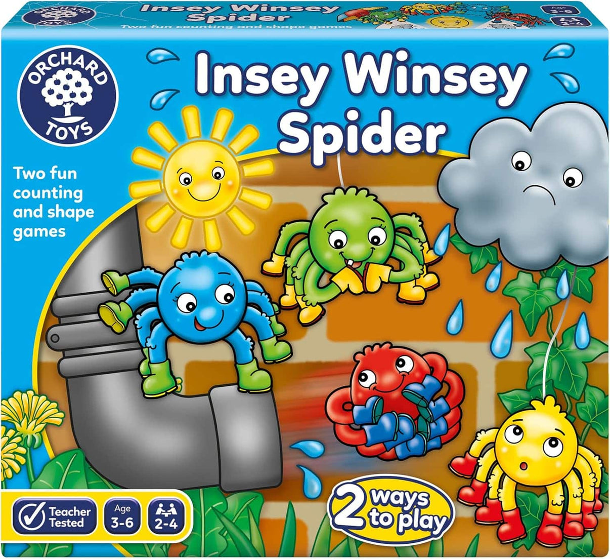Insey Winsey Spider game box front with colorful spider characters