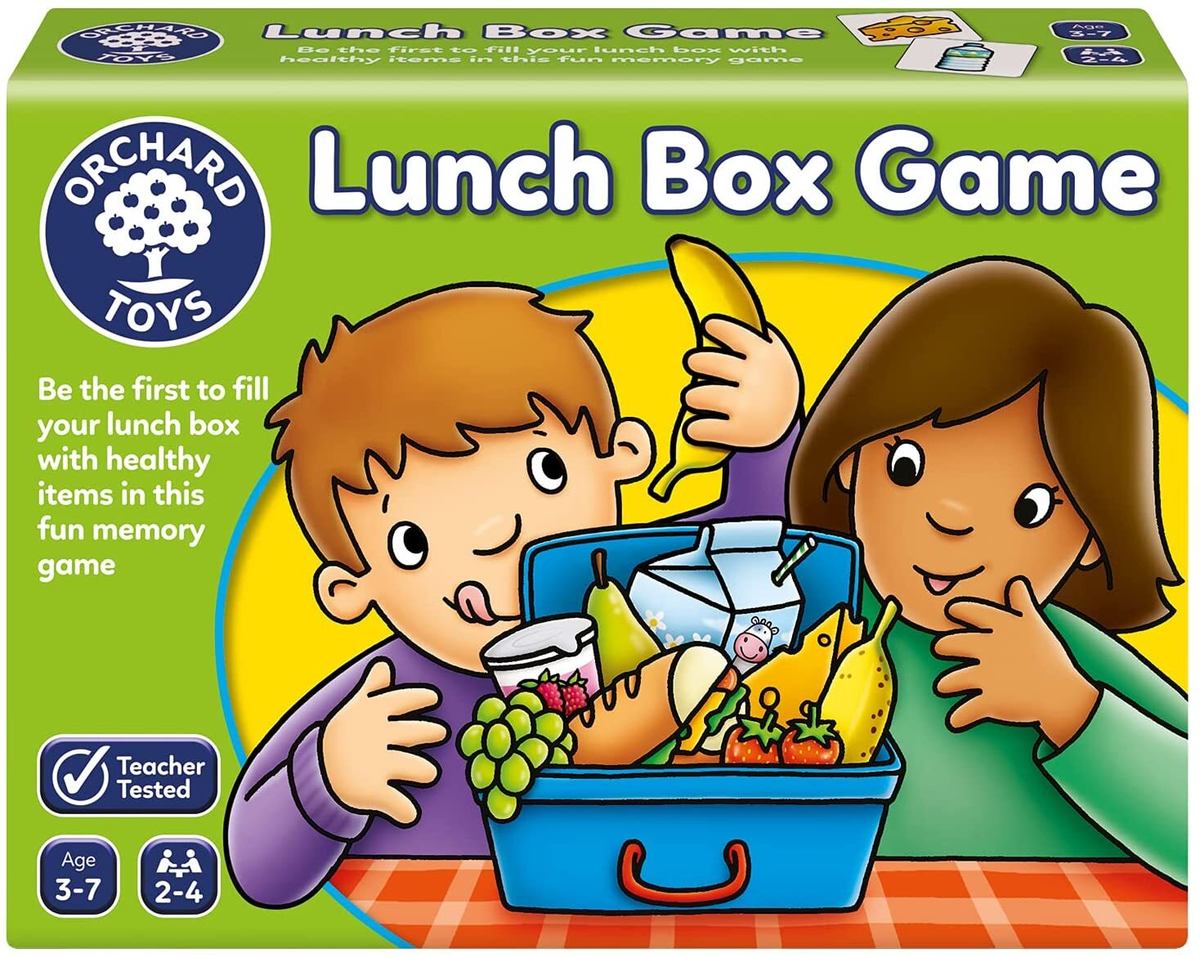 Orchard Toys Lunch Box Game box with smiling kids, thumbs-up, and green lunch box art