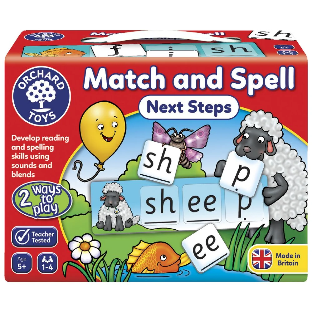Orchard Toys phonics match-and-spell game box with letter tiles: sh, p, ee