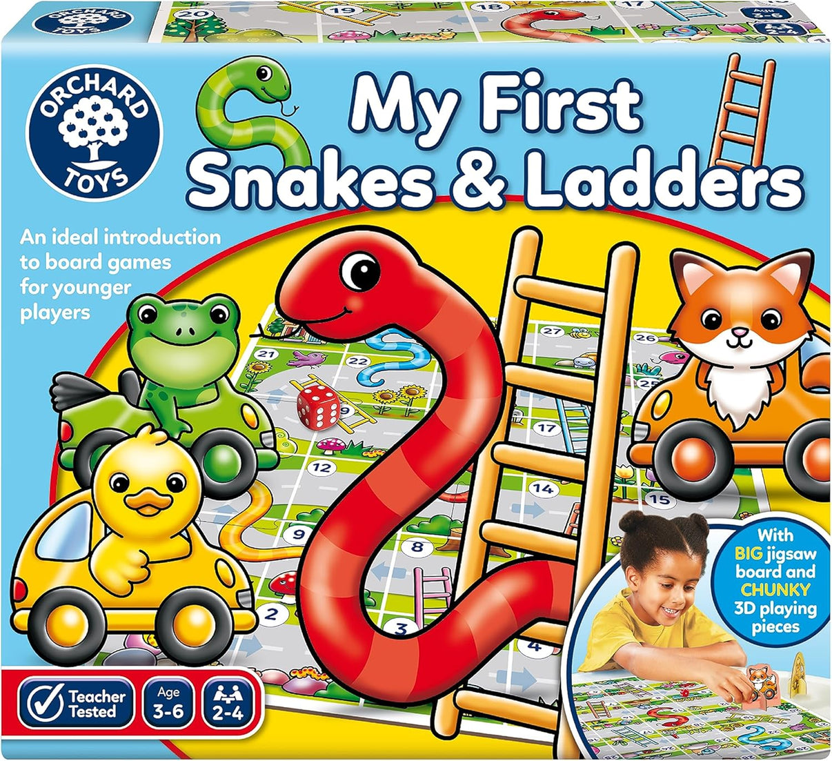 My First Snakes and Ladders board game with illustrated green and orange animal riders