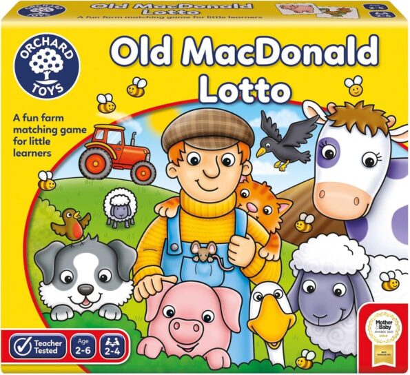 Farm animal lotto game box with Old MacDonald title and farmer illustration